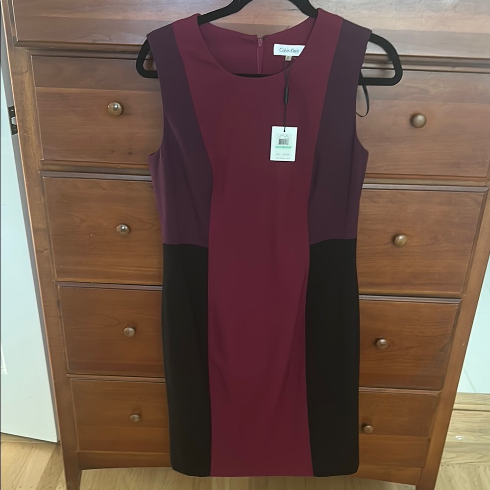Calvin Klein Red and Black Sheath Dress Sleeveless Crew Neck Midi